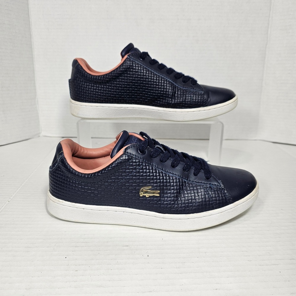 Lacoste Carnaby Evo Navy Blue Woven Leather Sneakers Pink Lining Womens 6